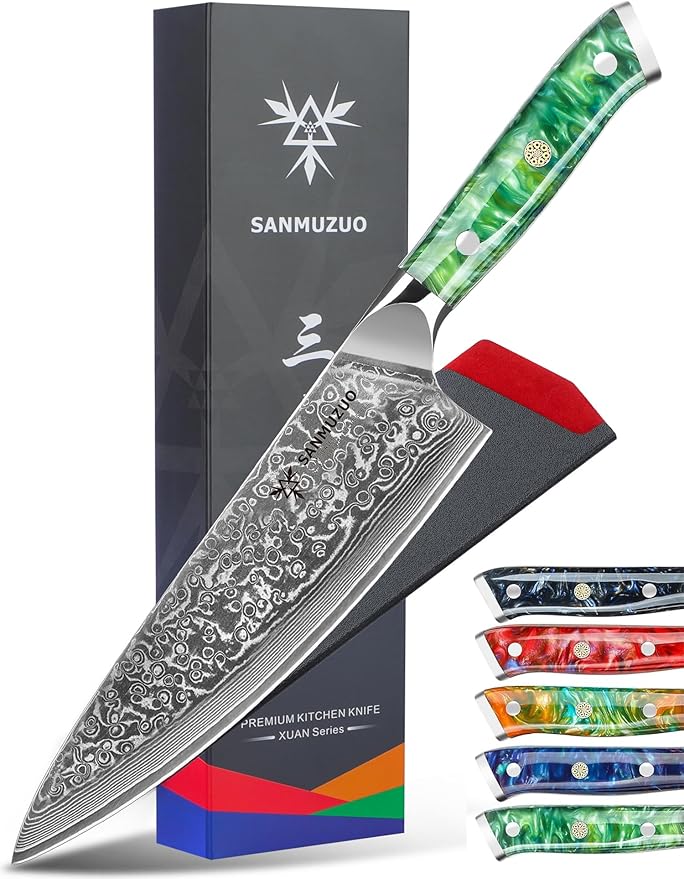 SANMUZUO Chef Knife - 8 inch - Xuan Series - VG10 Damascus Steel Kitchen Knife - Resin Handle (Sapphire Blue)