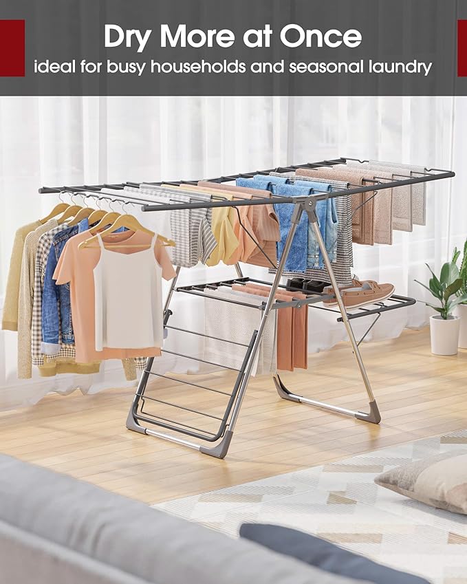Clothes Drying Rack, Foldable 2-Level Laundry Drying Rack with Height-Adjustable Wings, for Clothing & Bedding, Free-Standing Space-Saving Rack, Indoor & Outdoor, 55.5" L × 22.8" W, Gray