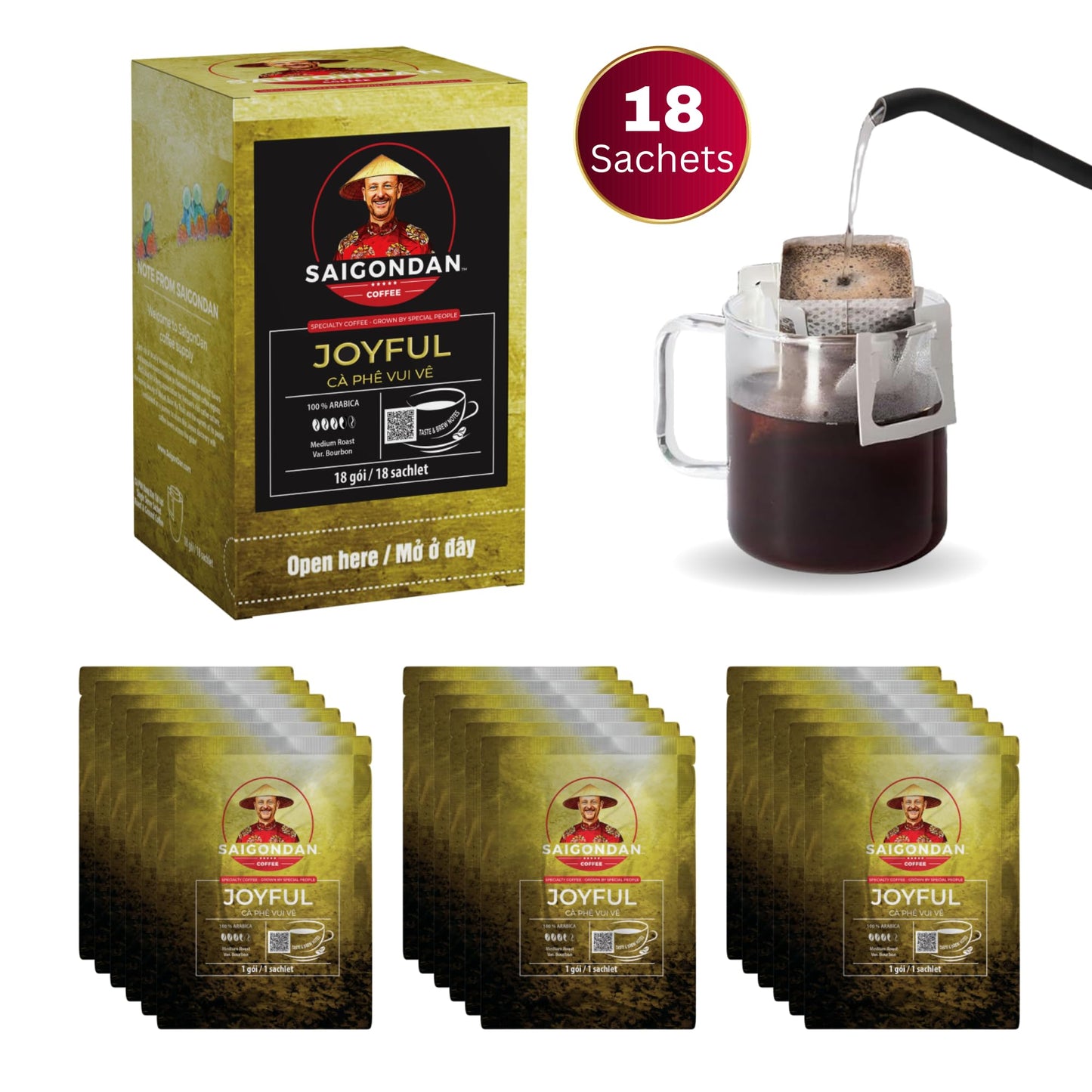 Joyful Pour Over Vietnamese Coffee – Saigondan Single Serve Coffee Sachets | Medium Roast 100% Arabica Bourbon | Instant Specialty Coffee for Travel & Camping | Notes of Orange Blossom (18 Sachets)