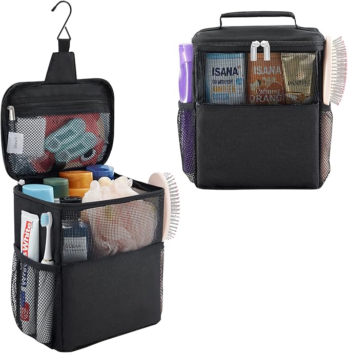 Lifewit Mesh Shower Caddy Bag Portable for College Dorm Room Essentials, Hanging Organizer Basket, Quick Dry Tote Bag for Camping, Bathroom, Beach, Travel, Medium, Black