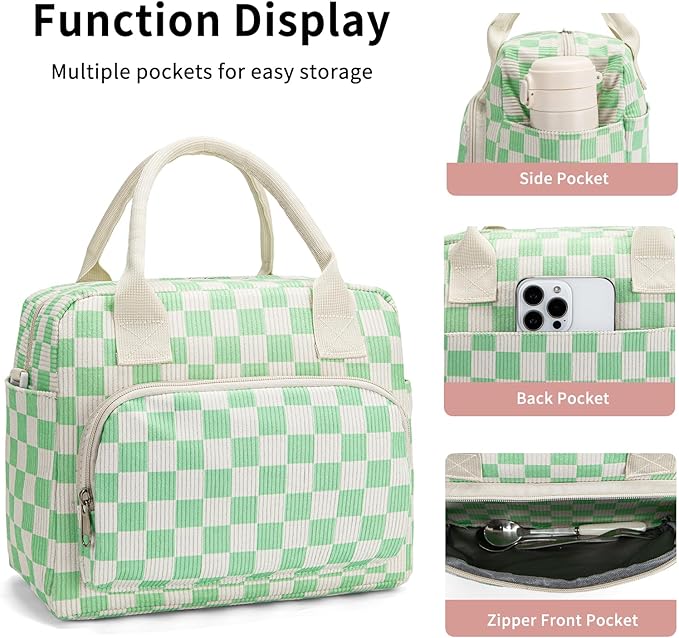 Lunch Bag Women Lunch Box for Women Adult Cute Insulated Lunch Bag Lager Cooler Lunch Tote Bags for Work Picnic (Beige-Light Green Plaid)