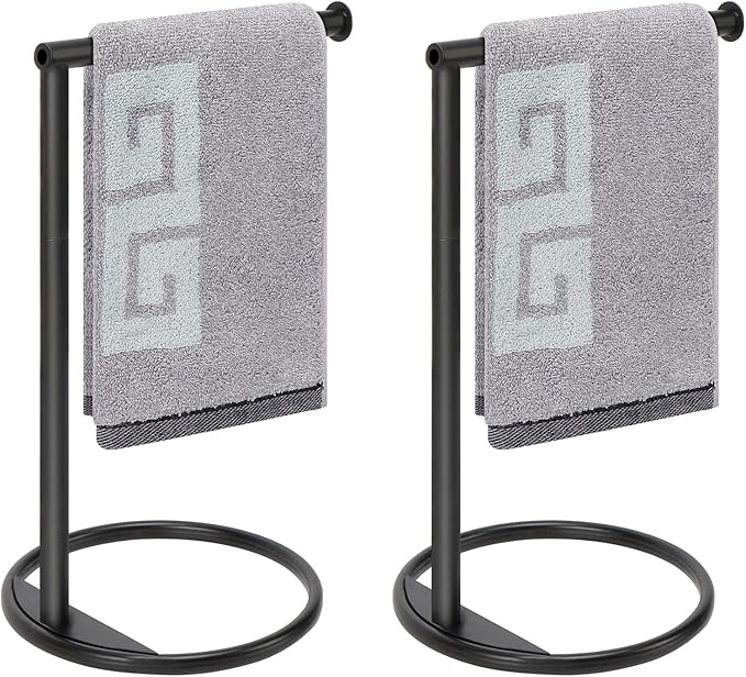 NearMoon Hand Towel Holder Stand, Thicken Metal L Shape Hand Towel Rack, Small Towel Ring, Stable Standing Towel Bar for Bathroom Kitchen Vanity Countertop, 8” L 14” H (Matte Black, 2 Pack)