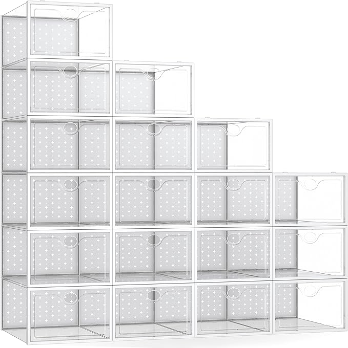 Pinkpum 18 Pack X-Large Shoe Storage Boxes Fit Size 12, Shoe Organizer for Closet Clear Plastic Stackable Shoe Dispaly Case Holder Bins, Sneaker Storage for Sneakerheads White
