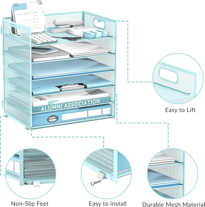 Daltack 6 Tier Paper Organizer for Desk, Paper Letter Tray Organizer for Desks, Mesh Desk File Organizers with Handle for Office, Home, School, Blue