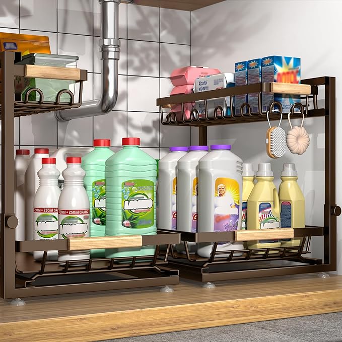 2 Packs Under Sink Organizer, Height Adjustable 2 Tier Under Kitchen sink organizer, Multi-Purpose Storage Shelf for Kitchen Bathroom Cabinet (Brown, Large)