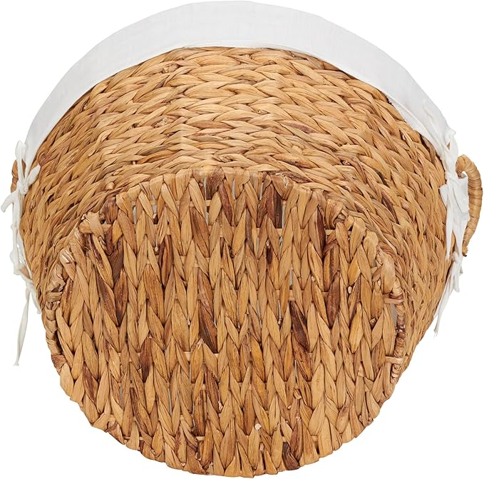 Household Essentials Round Wicker Laundry Basket with Handles, Whimsical Water Hyacinth Basket, Supportive Metal Frame, Removable Polyester Liner, Handwoven, Well-Structured and Versatile, Natural