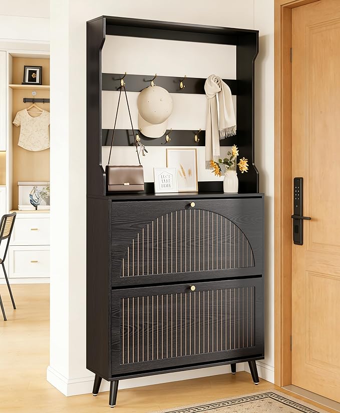 Shoe Cabinet for Entryway with 2 Flip Drawers & Coat Rack, Narrow Hidden Shoe Storage Cabinet with Fluted Panel, 2-in-1 Hall Tree Slim Freestanding Shoe Rack Organizer for Hallway, Black