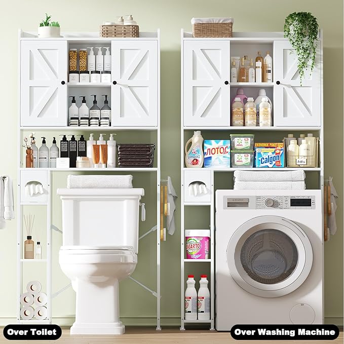 EasyCom Over The Toilet Storage Cabinet with Metal Frame and 7 Storage Shelves, Bathroom Organizer with Adjustable Shelves and Paper Holder, Farmhouse Storage Cabinet for Bathroom, Laundry, White