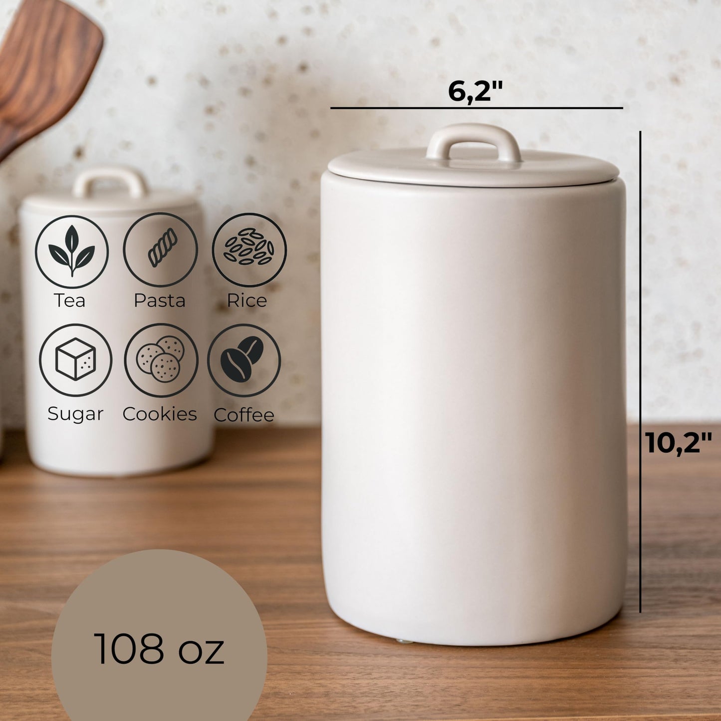 Maison May, Ceramic Food Storage Jars 108Oz, Snack Containers, Airtight Lid, Kitchen Countertop Canisters for Grounds Coffee, Pods, Tea, Flour, Sugar, Rice, Pantry Organization, Containers set