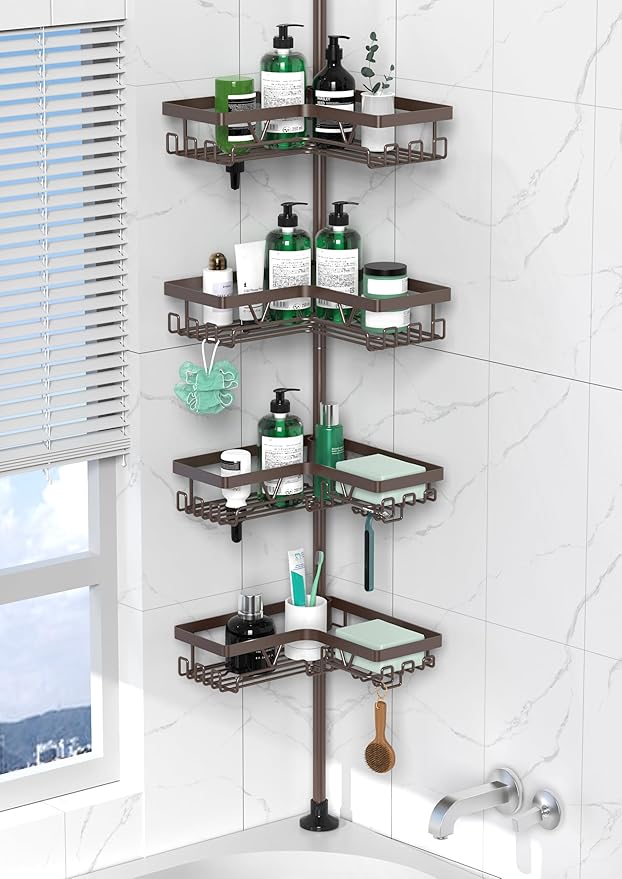 Corner Shower Caddy Tension Pole - Adjustable 4-Tier Shower Shelf Stainless Steel Corner Tension Rod Bathroom Organizer Shampoo Holder with Soap Holders & Hooks for Bath, Tub, Floor Space Saving