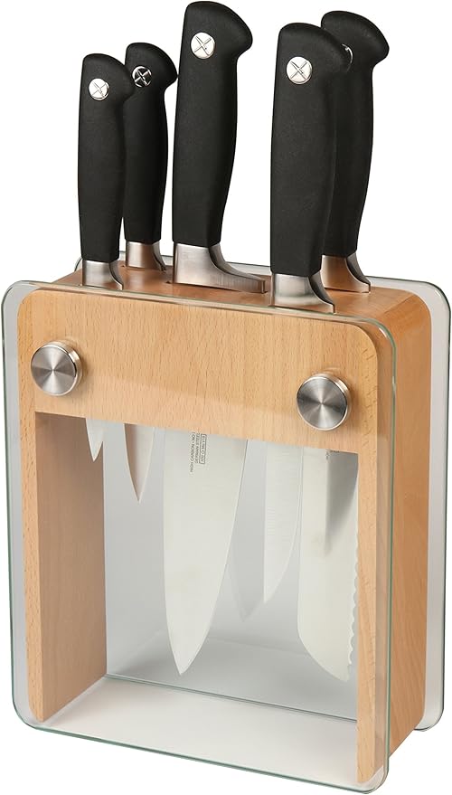 Mercer Culinary M20000 Genesis 6-Piece Forged Knife Block Set, Tempered Glass Block,Black