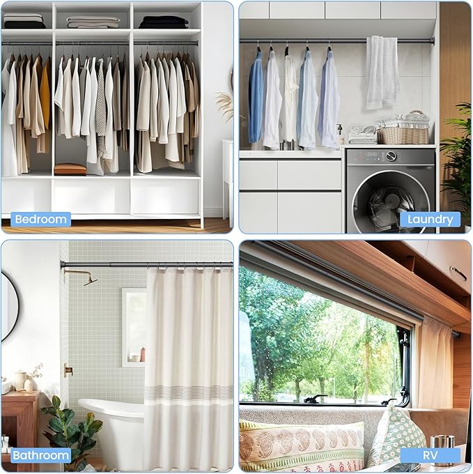 Closet Rods for Hanging Clothes, 17 to 99 Inch Stepless Adjustable Closet Rod, 1.3 Inch Diameter Metal Heavy Duty Closet Hanging Rod for Closet Wardrobes Laundry RV, Black