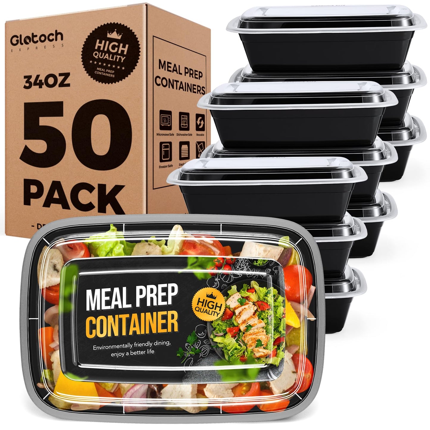 Glotoch 3-Compartment Meal Prep Containers with Lids, 34 oz, 50 Pack