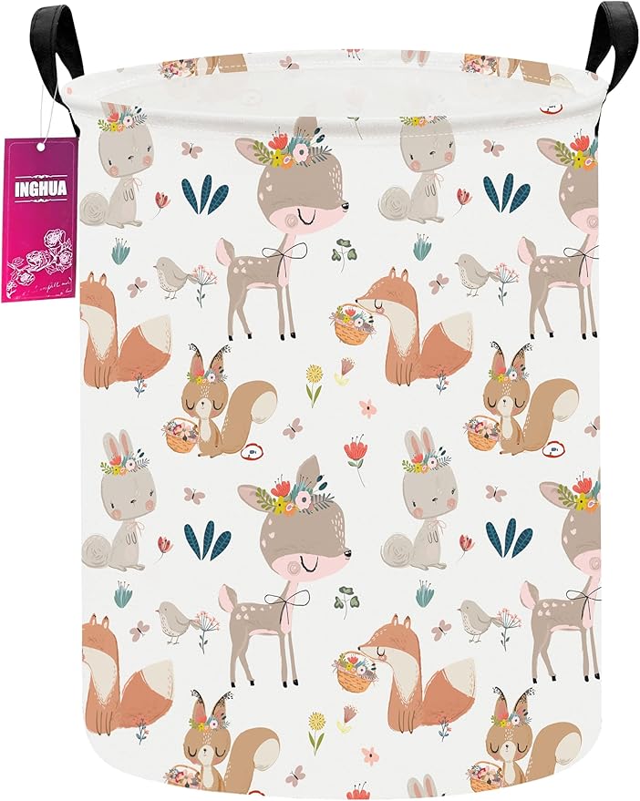 Laundry Hamper Large Canvas Fabric Lightweight Storage Basket/Toy Organizer/Dirty Clothes Collapsible Waterproof for College Dorms, Boys and Girls Bedroom,Bathroom(colorful animals)