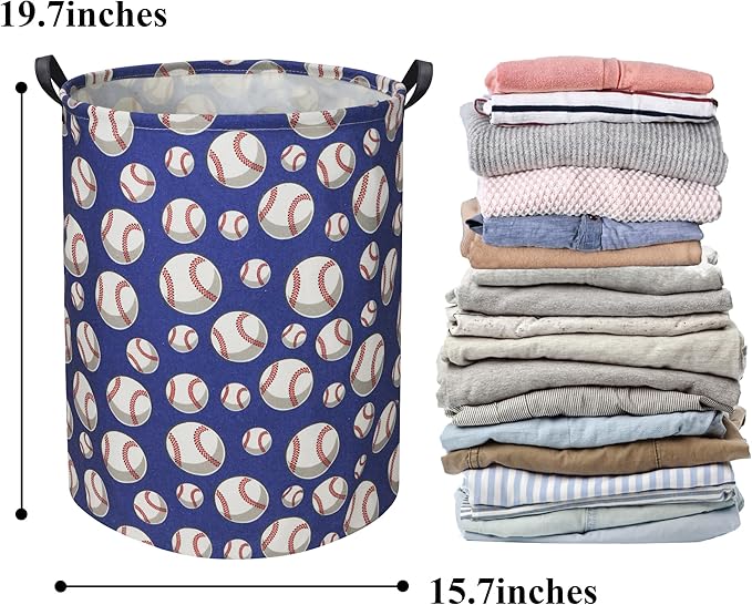 HIYAGON Baseball Kids Laundry Hamper, Large, Cotton & Linen, Waterproof PE Coating, Collapsible, Multi-purpose, Dinosaur Pattern