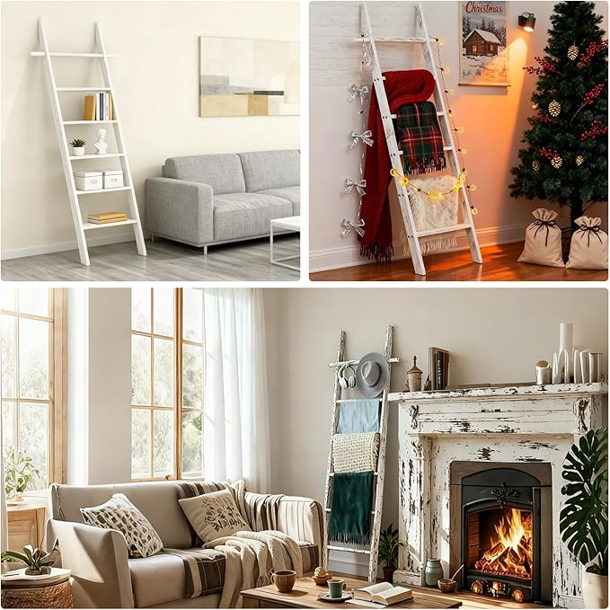 Farmhouse 6 Ft (70 inch) Wooden Blanket Ladder Living Room with Removable Hooks, 6-Tier Blanket Rack Decorative Stand, Leaning Towel Quilt Rack Holder for Bathroom Decor Rustic White