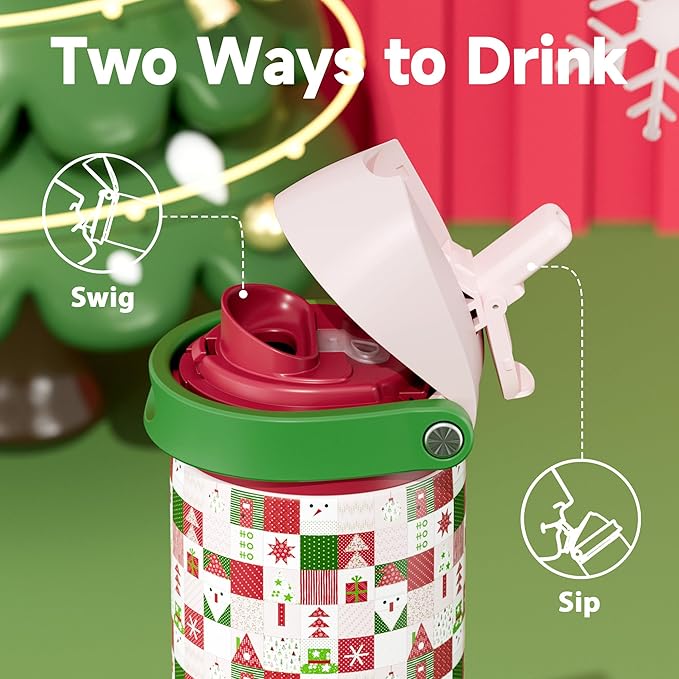 24 oz Insulated Water Bottle for Christmas: Meoky Stainless Steel Xmas Water Bottle with 2-in-1 Straw and Spout Lid - Leak Proof, Fits in Car Cup Holder, Christmas Gifts for Women Men, Santa Wishes