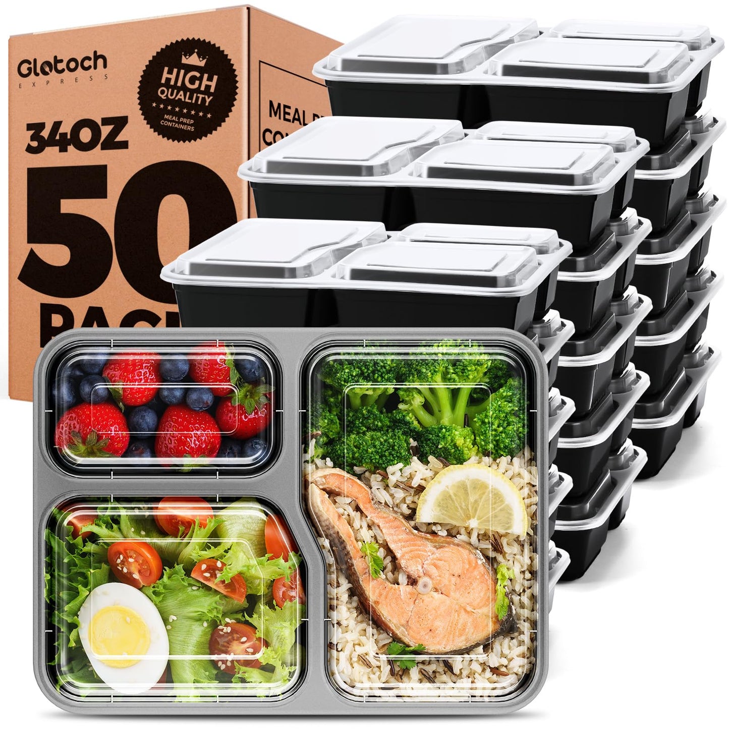 Glotoch 3-Compartment Meal Prep Containers with Lids, 34 oz, 50 Pack