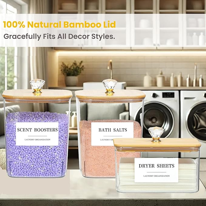 3 Pack Plastic Laundry Pods Container & Dryer Sheet Holder with Lids, Labels & Scoops - Laundry Powder Container for Laundry Room Organization and Storage