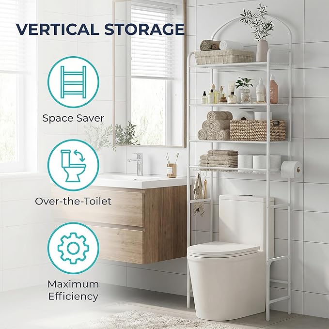 4-Tier Over The Toilet Storage, Bathroom Organizer, Space-Saving, Above Toilet Storage Rack with 4 Hooks and Paper Holder, Metal Shelf, White