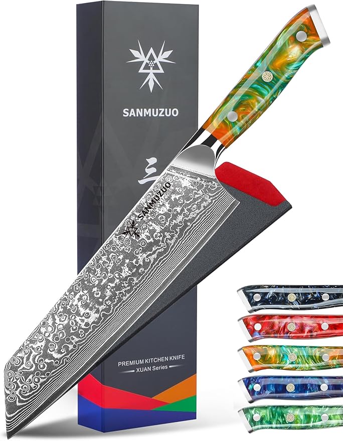 SANMUZUO 8.5 inch Kiritsuke Kitchen Chef Knife - 67 Layers Damascus Steel & Resin Handle - Xuan Series(Fantasy Orange)