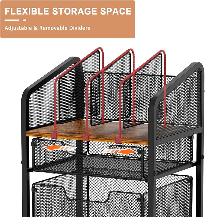 Rolling File Cabinet with Adjustable Dividers, Mobile Filing Cabinet with 2 Storage Drawers on Lockable Wheels, Hanging File Organizer Beside Under Desk for Office, Home（Patent Pending）
