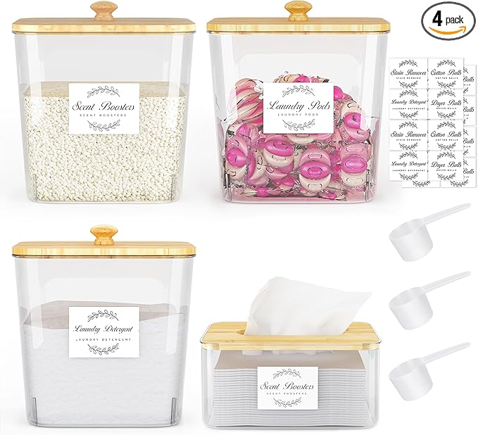 Laundry Room Organization and Storage, Laundry Pods Container and Dryer Sheet Holder with Bamboo Lids and Labels, Laundry Organizer with Scoops for Booster Beads, Powder, Pods, 3+1 Pack