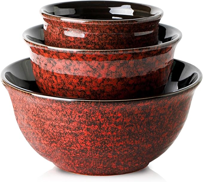 HASENSE Ceramic Mixing Bowls Set, 2.1/1.0/0.5 Qt, Handmade Salad Serving Bowls for Kitchen, Deep Nesting Dishes for Storage and Baking, Microwave Dishwasher Safe