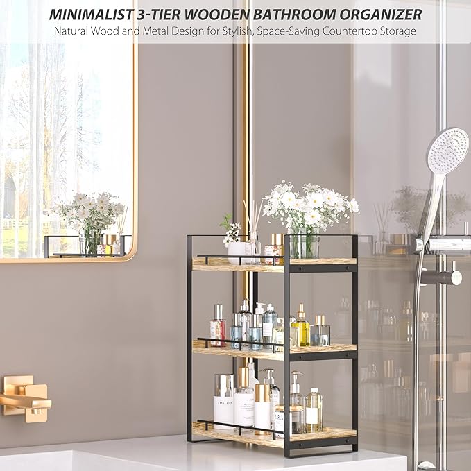Bathroom Counter Organizer, 3 Tier Wood Countertop Shelf for Vanity, Skincare, Makeup, Kitchen Coffee and Sink Storage, with Durable Metal Bracket (Light Brown)