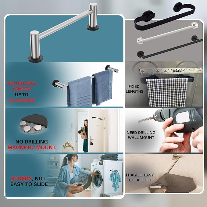 ULIBERMAGNET Magnetic Towel Holder, Magnetic Towel Rail Silver with Adjustable Length, Brushed Nickel Non-Slip Stainless Steel Towel Rail for Refrigerator, Oven, Dishwasher, Laundry (2 Pack)