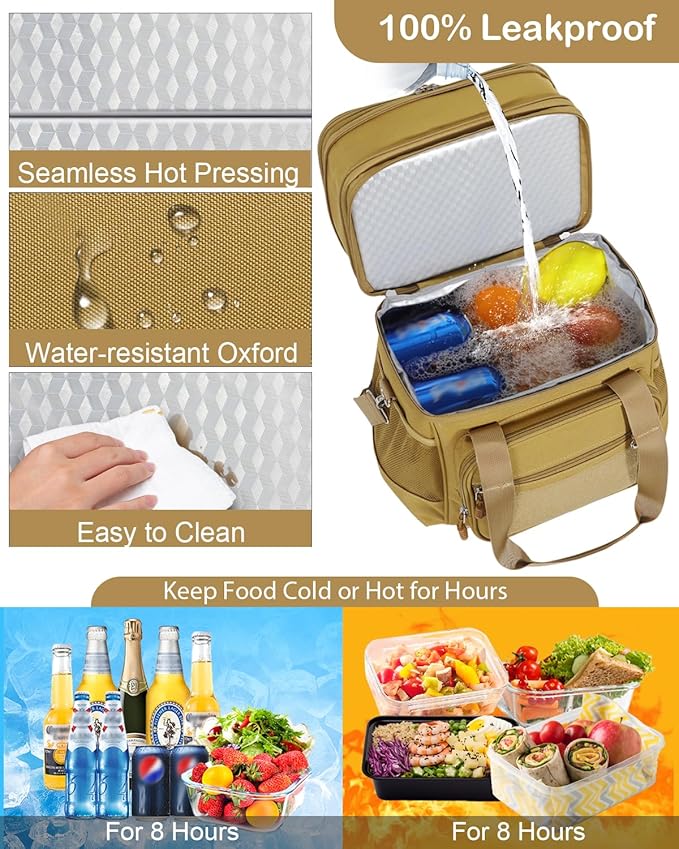 GLENKEY Double Deck Insulated Lunch Box, Expandable Large Lunch Bag Leakproof Cooler Bag Lunch Pail for Men Women Adults Work Shifts Travel Daytrip, Brown
