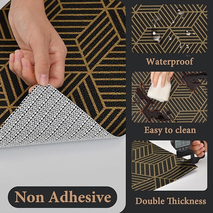 Shelf Liners for Kitchen Cabinets 17in x 30FT, Non Adhesive Cabinet Liner Strong Non-Slip Black Gold Geometric Drawer Liner, Easy to Clean for Shelf, Cabinet with Knife and Tape Measure