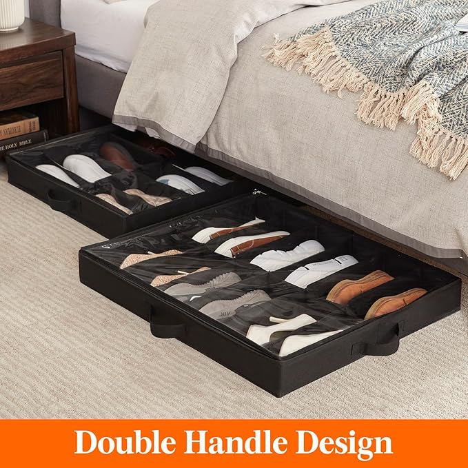 Lifewit Under Bed Shoe Storage Organizer 1 Pack(12 Pairs), 4.3" Tall Fabric Shoes Container Box, Foldable Closet Shoe Bag with 2 Reinforced Handles and Clear Cover, Black