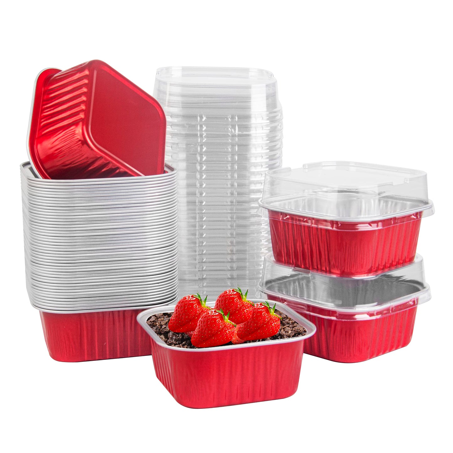 50 Pcs Mini Square Baking Cups with Lids,5oz Aluminum Foil Mini Cake Pans with Lids,Disposable Ramekins Cake Pans,150ml Dessert Cups Cupcake Pans for Wedding Birthday Party,Cowprint
