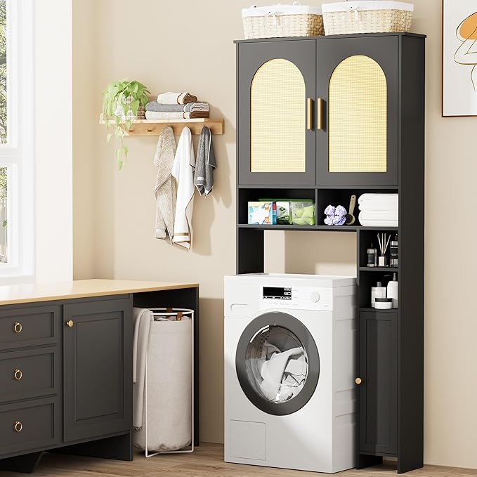 Homhedy 67" H Over The Toilet Storage Cabinet, Boho Bathroom Organizer with Rattan Decorated Doors, Adjustable Shelves, Toilet Paper Holder, Space-Saving Bathroom Shelf, Natural and Black