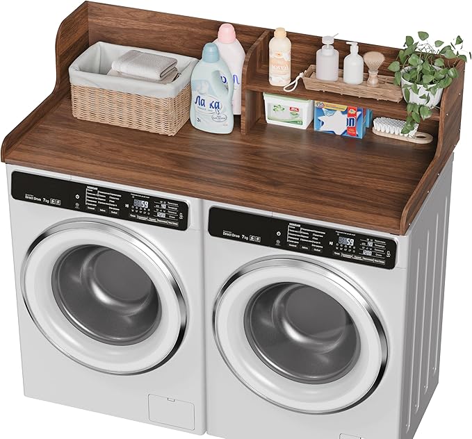 DTK Washer Dryer Wood Countertop with Shelf, Laundry Topper with Non-Slip Mat,27.55" Depth x 54" Width Dryer Covers for The Top with Edge Rails (Dark Walnut)