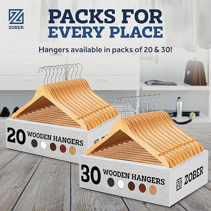 ZOBER High-Grade Wooden Hangers - Heavy Duty, Non Slip Wood Hangers for Coats, Jackets, Suits, & Pants - Clothes Hangers for Closet W/Bar and Notches 20 Pack