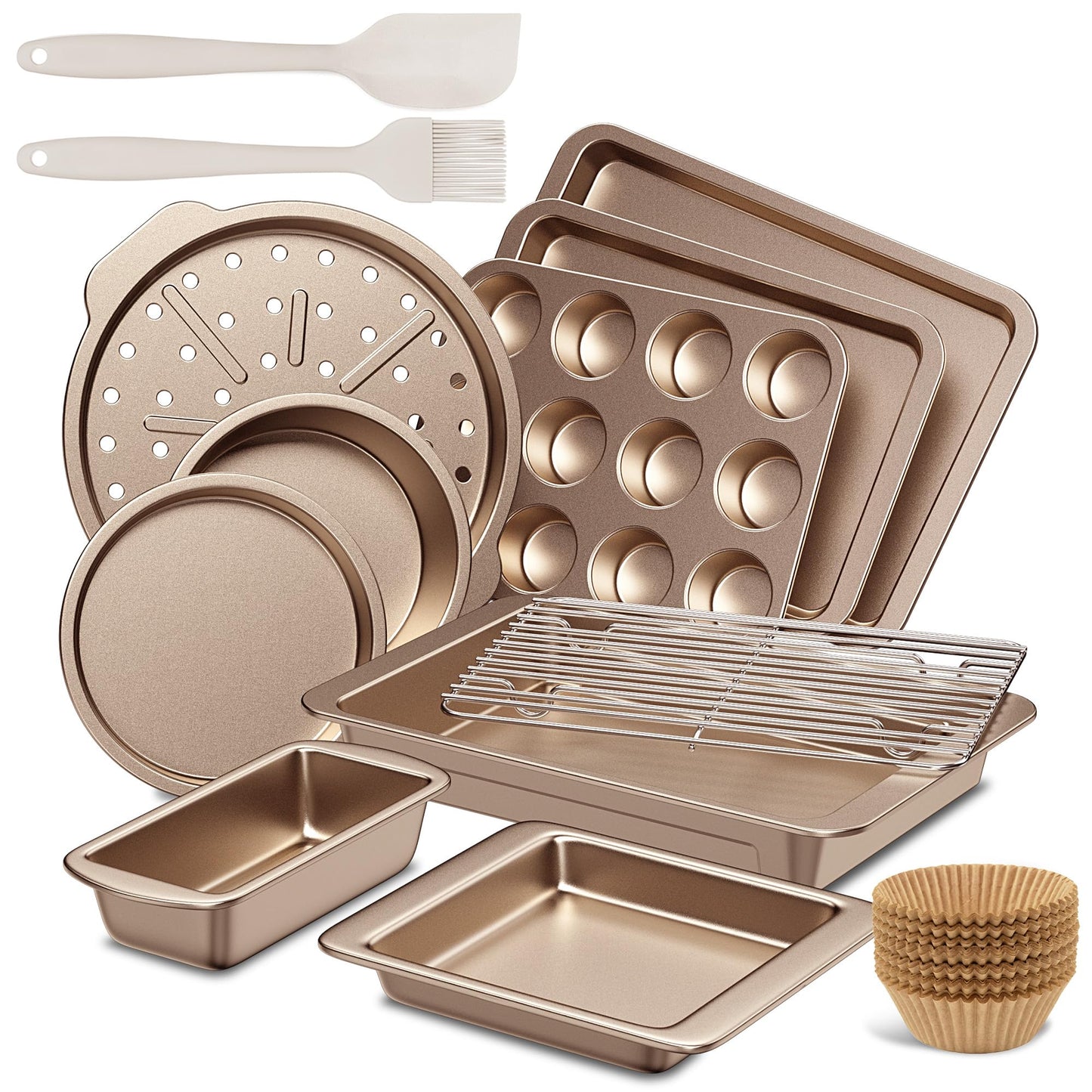 HONGBAKE Bakeware Sets, Baking Pans Set, 12 Pieces Nonstick Oven Pan with 120 Muffin Liners for Kitchen, Wider Grips, Including Rack, Cookie Sheet, Cake, Loaf, Muffin, Pizza Pan - Champagne Gold