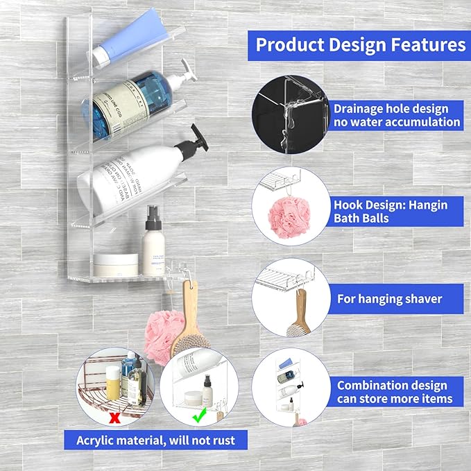 AITEE Acrylic Bathroom Organizer Shower Caddy, Clear Shampoo Holder Wall Mounted with Suction Cup, No Drilling and Rustproof, Sturdy and Durable - One Shelf