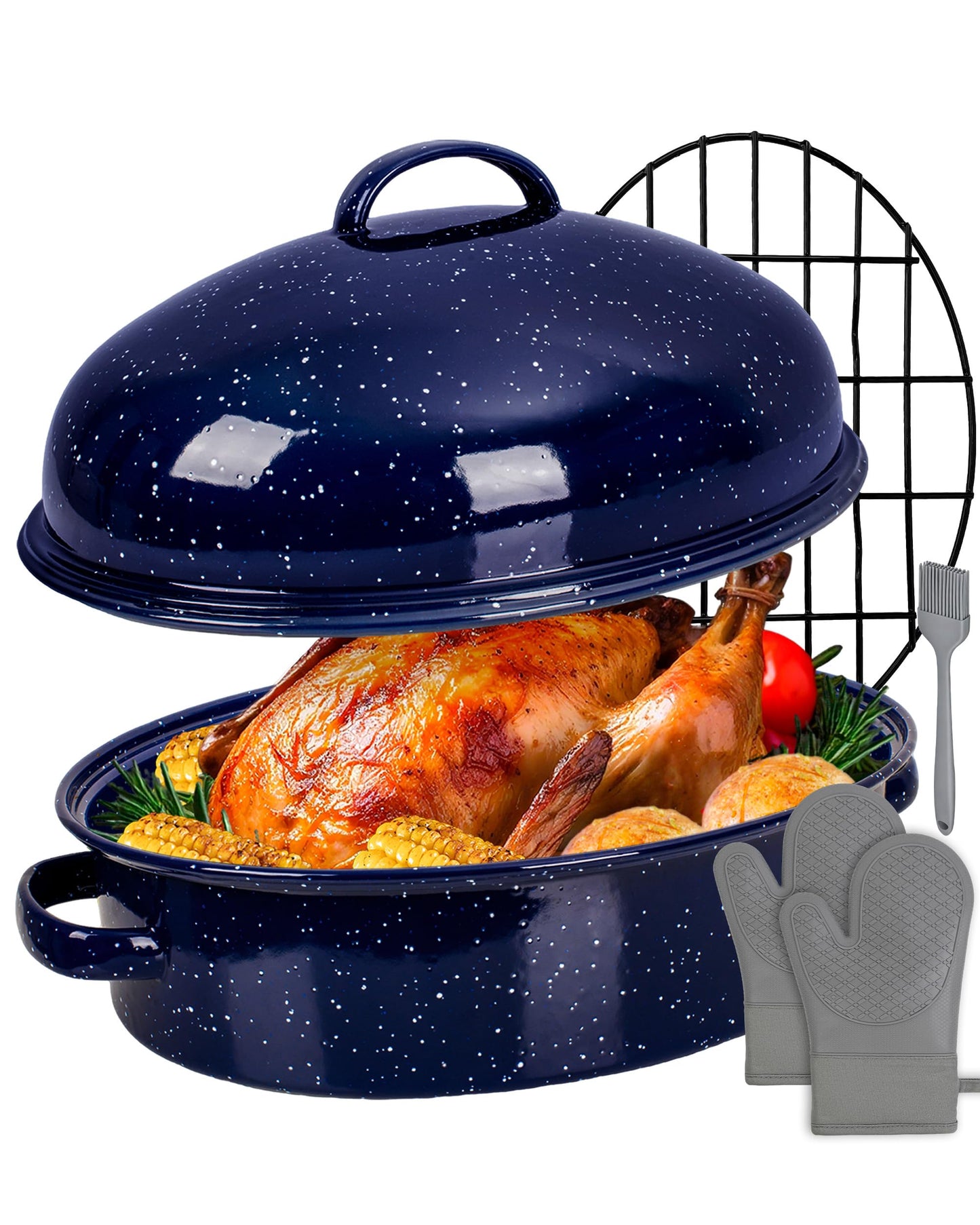 MCCSI Turkey Roasting Pan with Lid & Rack, 18" Enamel Large Roaster Pan Set