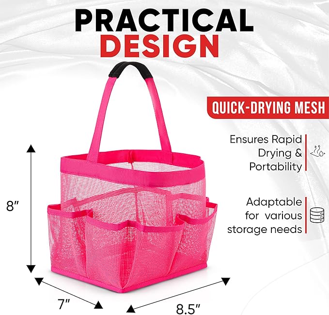 Masirs Shower Caddy Mesh - 9 Pocket Portable Bathroom Organizer Tote for Travel, Gym & Dorm - Collapsible Small Shower Caddy Bag to Hold Toiletries & Essentials (Pink)