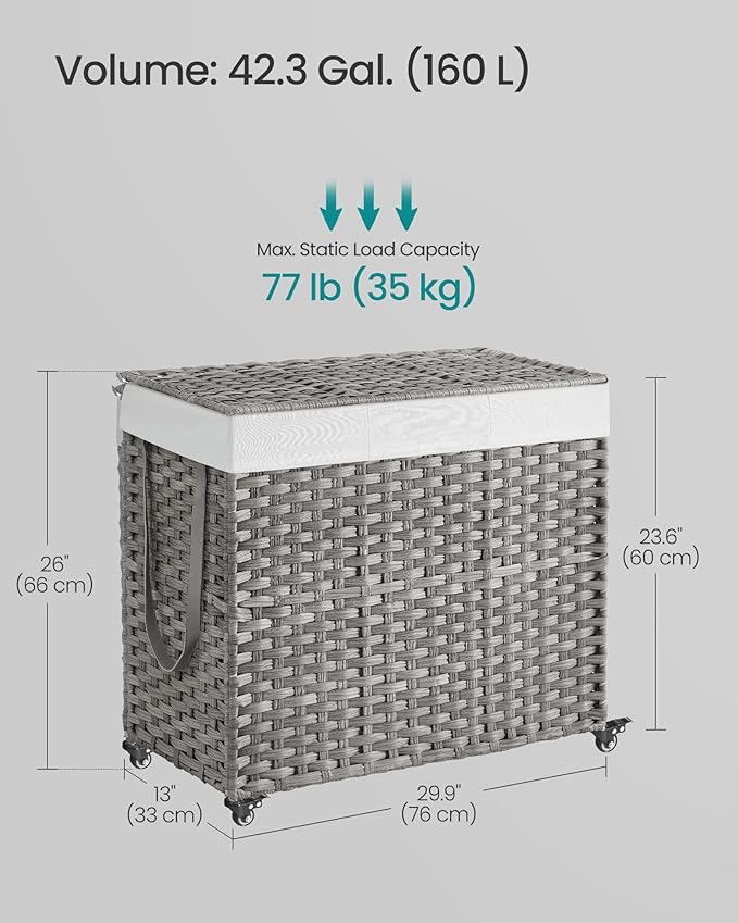 SONGMICS Laundry Hamper with Lid, 42.3 Gallons (160 L), Rolling Laundry Basket with Wheels, 3-Section Synthetic Rattan, Removable Liner, Bedroom, 29.9 x 13 x 26 Inches, Gray ULCB365G01