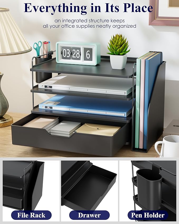 Kitsure Desk Organizer - 4-Tier Office Desk Accessories with Drawer ＆ Pen Holder, Tool-Free Assembly Organizer with Non-Slip Pads, for Office Supplies Storage, Plastic, 13.3" x 8.0" x 10.8", Black