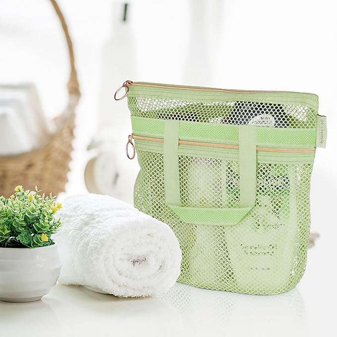 Mesh Shower Bag 10.2x9.9'' Quick-Dry Caddy with Zipper & 2 Pockets. Portable Toiletry Tote for Bathroom, Gym, Travel, Camp, Beach, for Sunscreen, Dorm & College Essentials (Light Green)