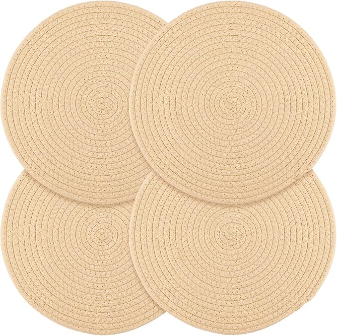 Billbotk Round Woven Placemats Set of 4, 13 Inches Kitchen Table Place Mats for Dining Table, Trivets for Hot Pots and Pans, Boho Table Decorations for Table Setting, Tabletop Accessories