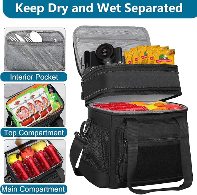 GLENKEY Double Deck Insulated Lunch Box, Expandable Large Lunch Bag Leakproof Cooler Bag Lunch Pail for Men Women Adults Work Shifts Travel Daytrip, Black
