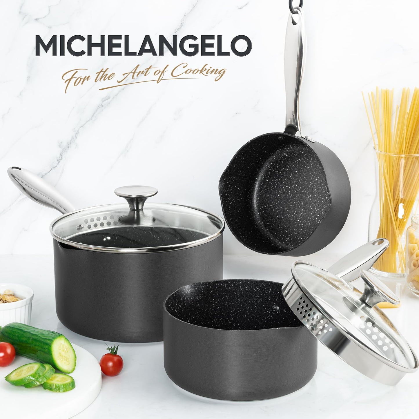 MICHELANGELO Hard Anodized Saucepan Set with Lids, Nonstick Saucepan with Pour Spouts & Strainer Lid for Easy Pour, Granite Derived Coating Sauce Pot Set - 1.5QT & 2QT &3QT Induction Sauce Pans