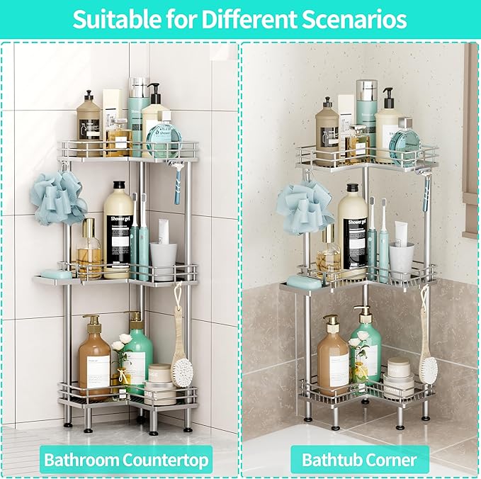 HapiRm Standing Corner Shower Caddy - 3 Tier Shower Shelf Corner with Soap Holder, Rustproof Bathroom Standing Organizer with 4 Hooks, Silver