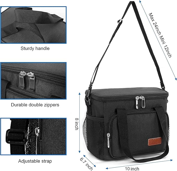 Femuar Reusable Lunch Box for Men/Women - Insulated Lunch Bag Leakproof Lunchbox for Work Office Picnic Beach - Freezable Lunch Cooler Bag with Adjustable Shoulder Strap - Black