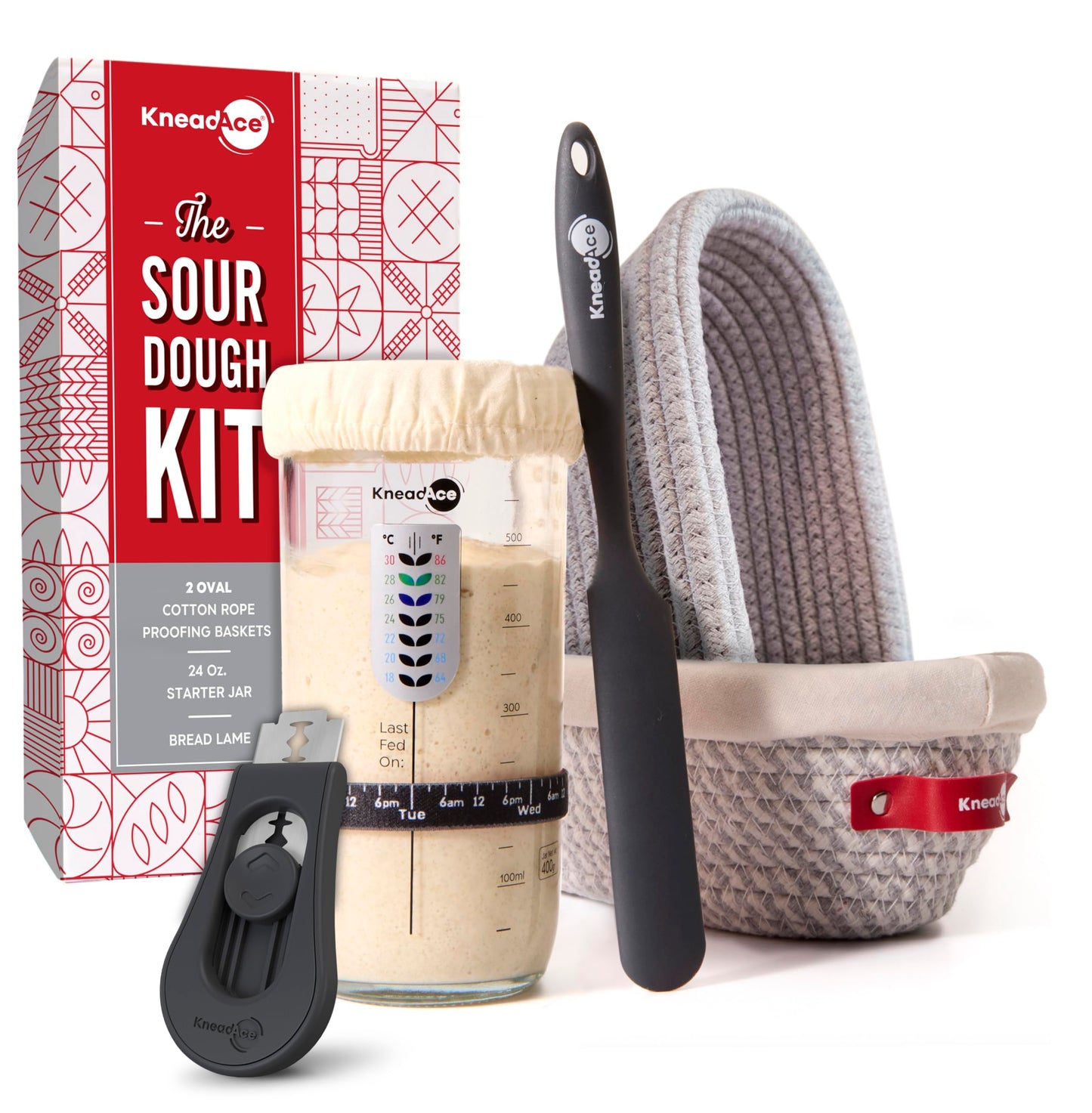 KneadAce Sourdough Starter Kit – 24oz Starter Jar, 2 Cotton Rope Banneton Proofing Baskets, Magnetic Bread Lame for Scoring – Gift for Bakers & Complete Sourdough Bread Baking Set